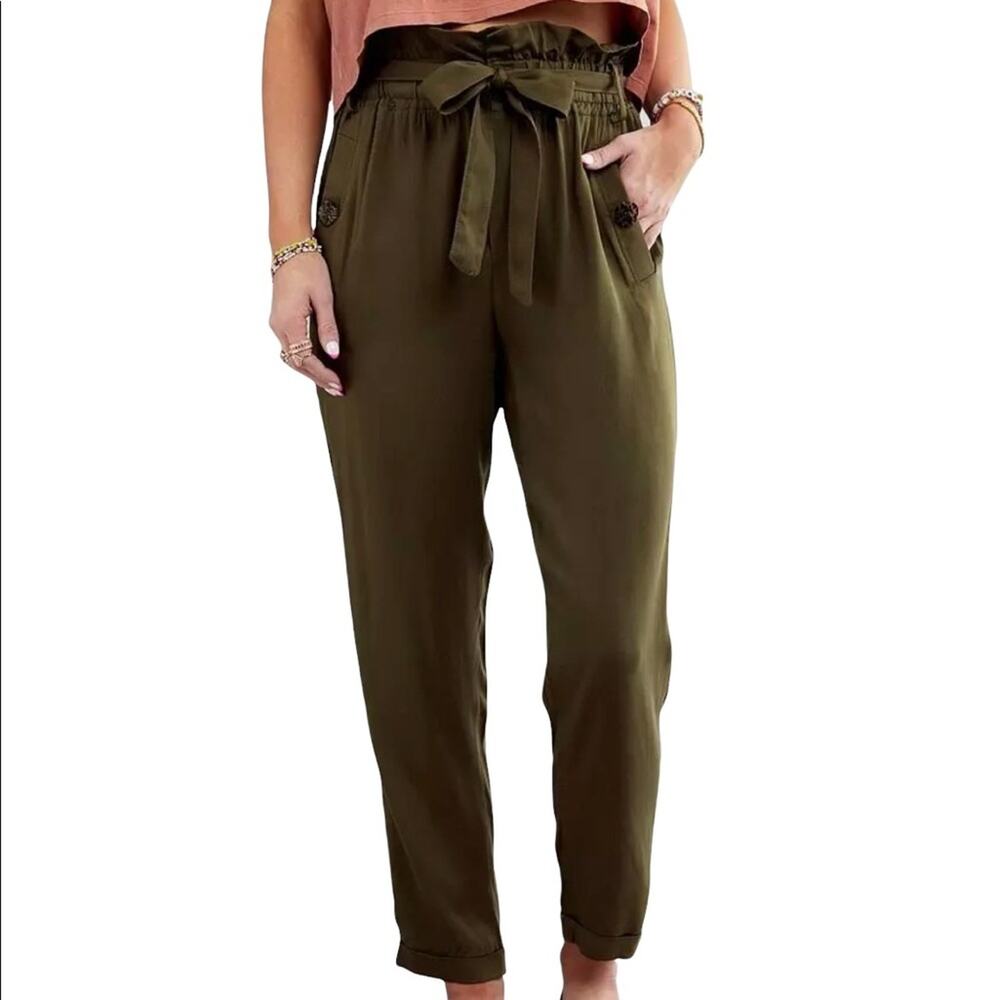 Know One Cares Olive Green Rayon Paper bag Waist Tie front Pants Large